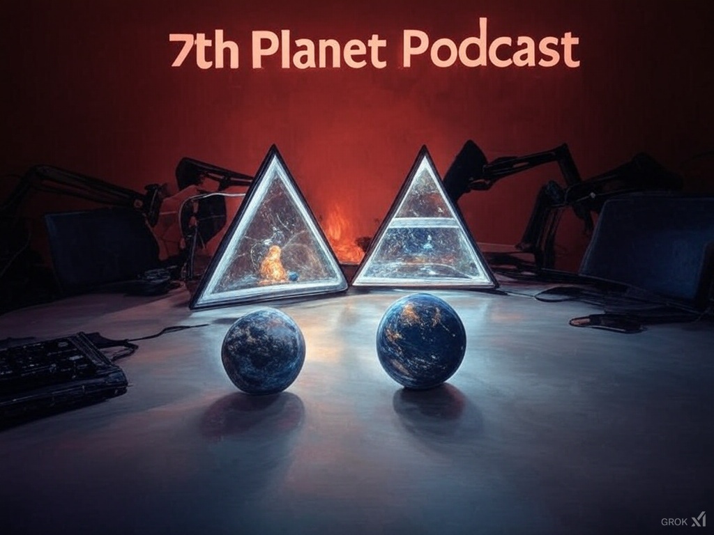 7th Planet Podcast studio with a dark desk featuring four elemental triangles (Fire, Water, Air, Earth) in white with black outlines, transparent centers, and two glowing globes, set against a dark backdrop with a fluorescent red '7th Planet Podcast' sign casting a red haze."
