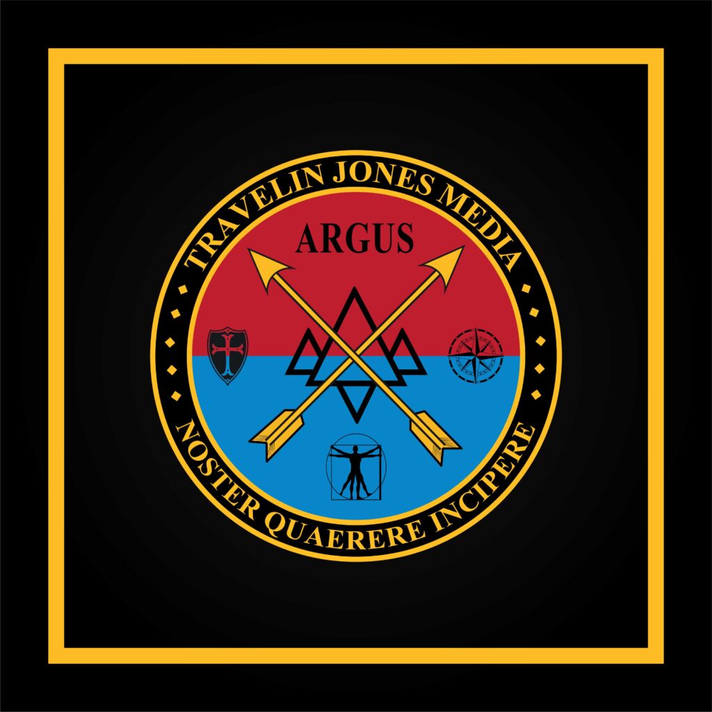 "Travelin Jones Media logo featuring a circular emblem with crossed arrows, a shield, compass, Vitruvian Man, and Latin text 'Noster Quaere Incipere' on a red and blue background."